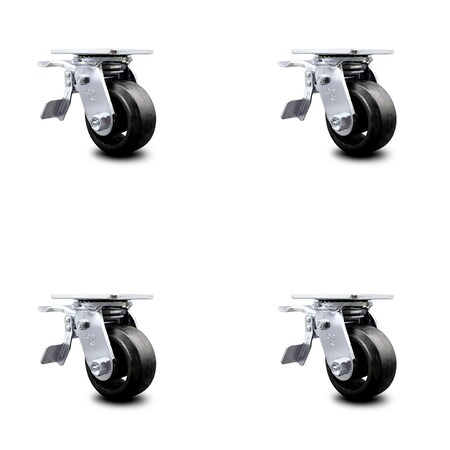 Service Caster 4 Inch Rubber on Steel Caster Set with Ball Bearing and Total Lock Brake SCC SCC-TTL30S420-RSB-4